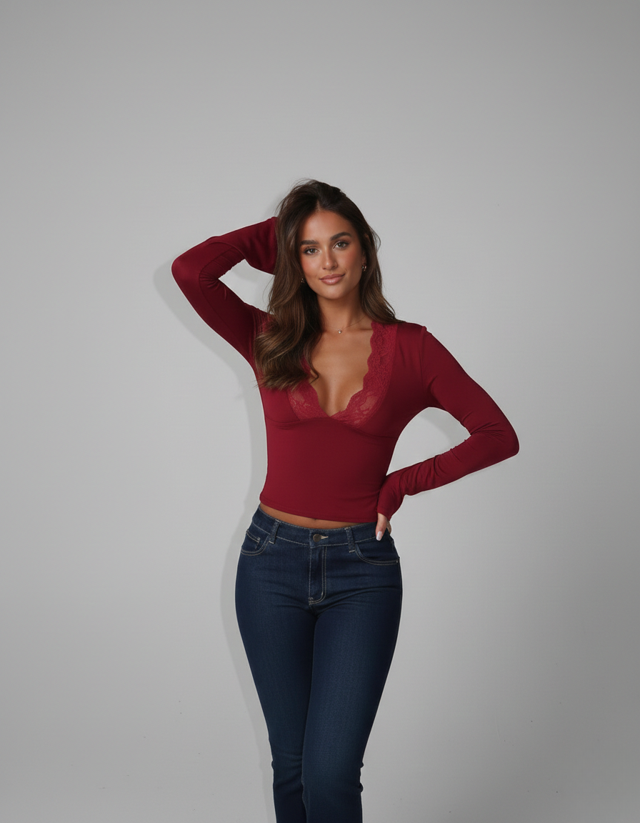Lace-Trim V-Neck Long Sleeve Top
