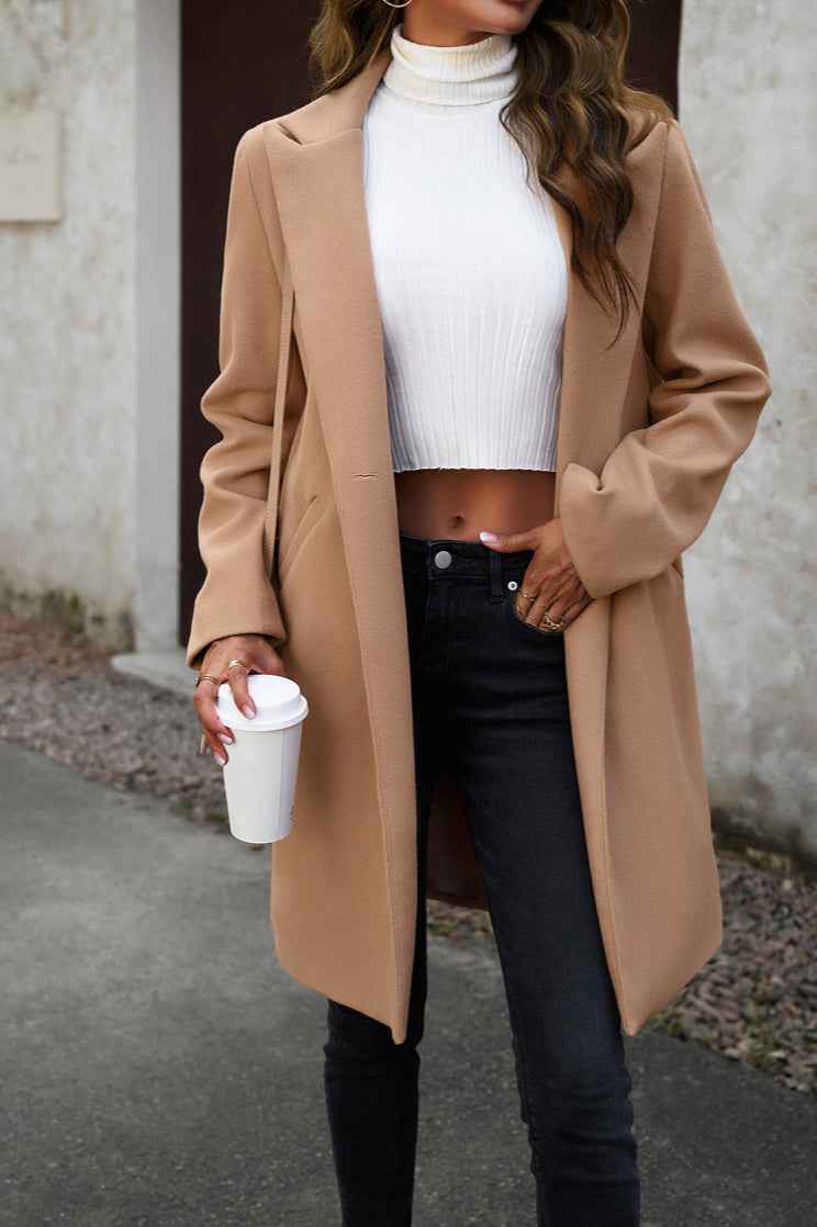 Solid Colour Longline Coat with Notched Collar and Buttons