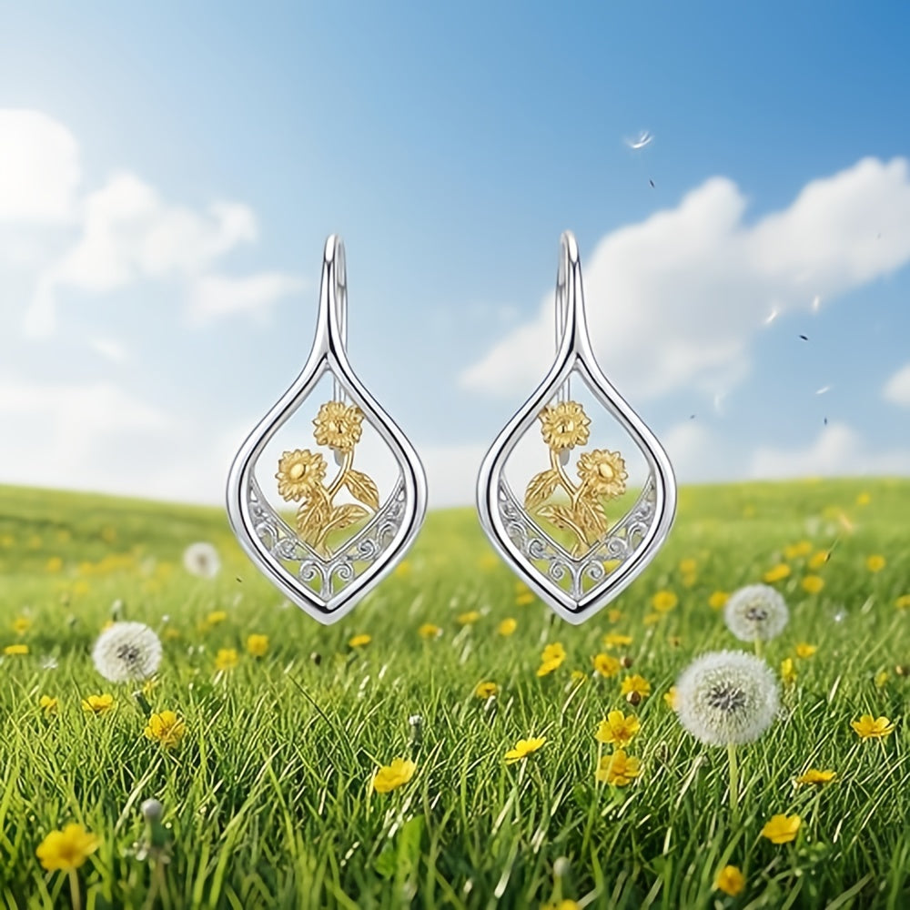 Filigraan zonnebloemoorbellen met leverback, 925 sterling zilver, 18K verguld