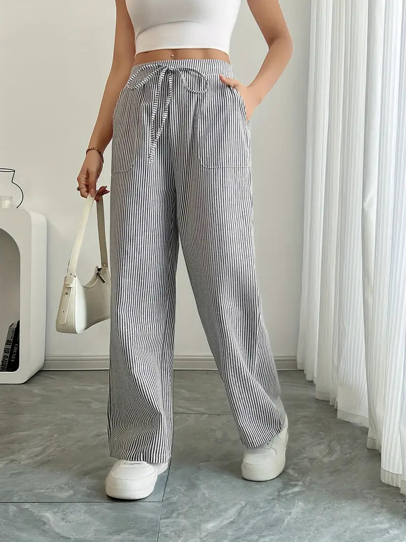 Striped Wide-Leg Trousers with Drawstring Waist