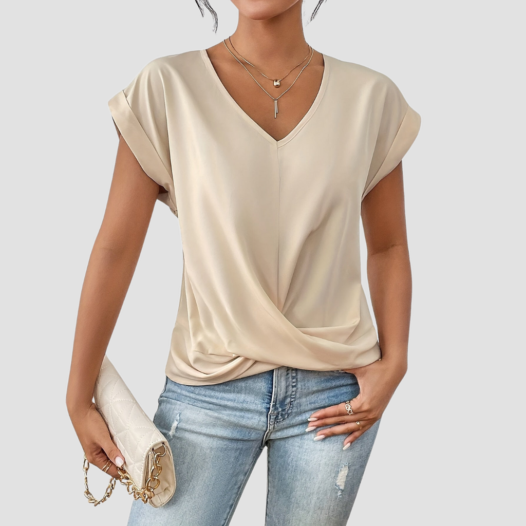 V-Neck Twist-Front Blouse with Short Sleeves