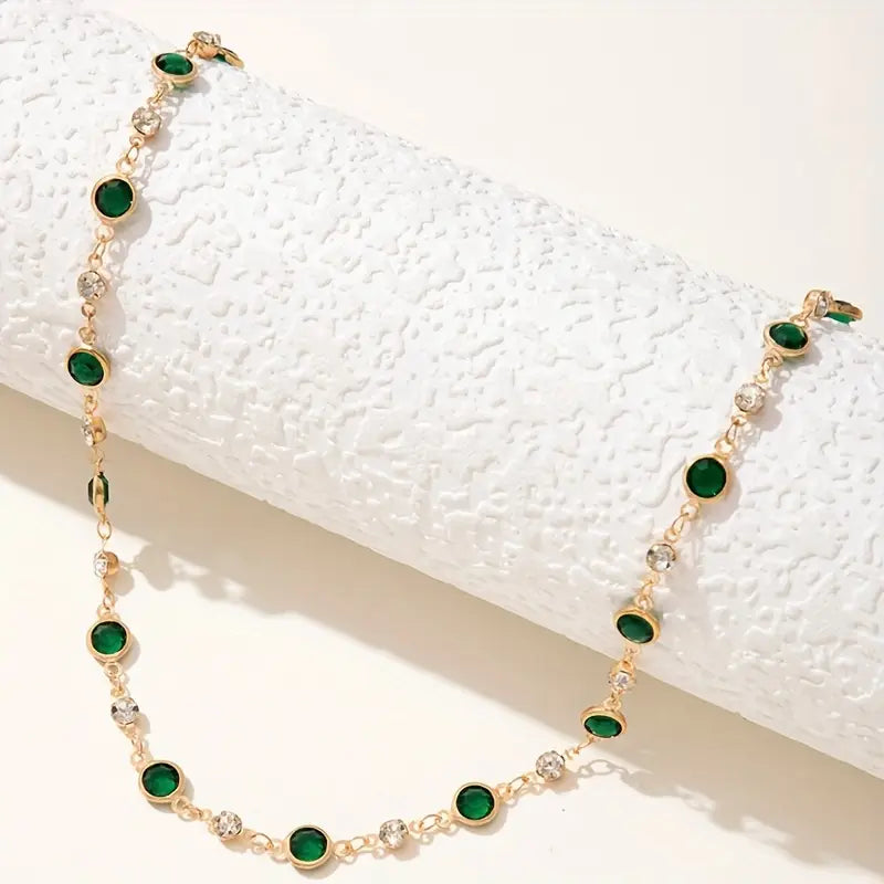 Green Stone Station Chain Necklace in Gold Tone