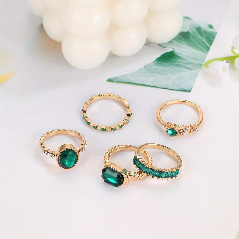 Mixed Emerald-Look Stacking Ring Set with Crystal Accents