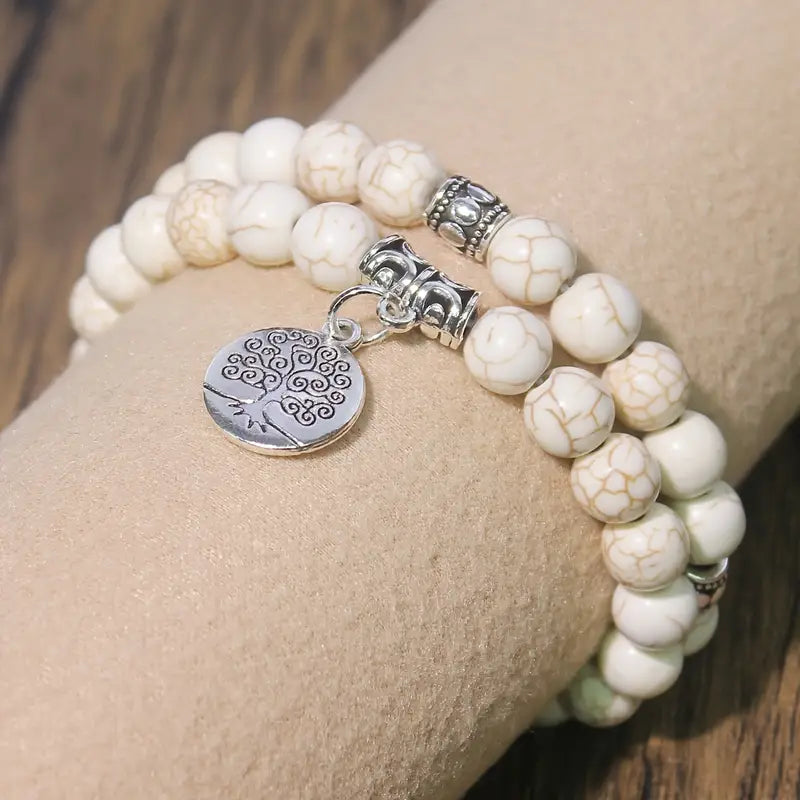 White Bead Bracelet with Tree of Life Charm