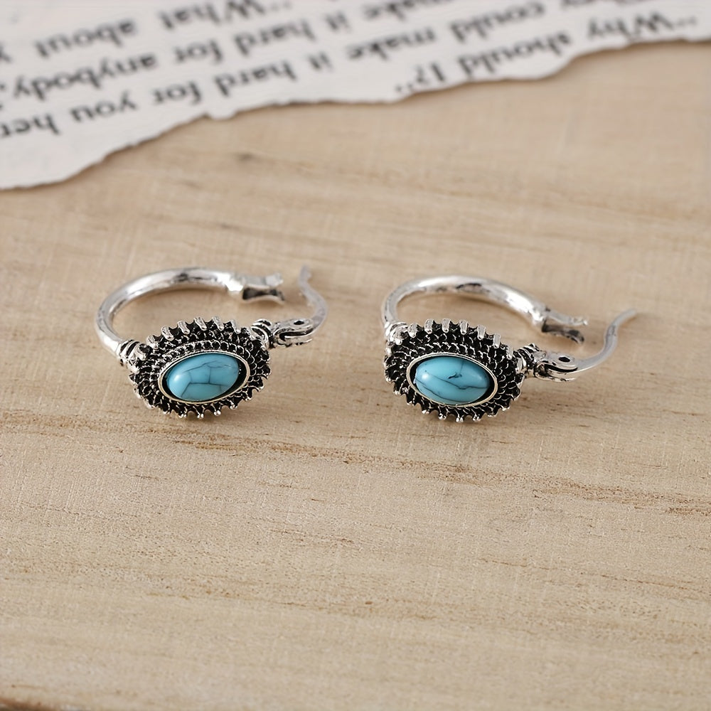 Turquoise Crest Hoop Earrings in White Gold Tone