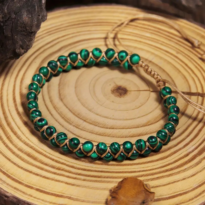 Malachite-Pattern Green Bead Bracelet with Gold-Tone Weave