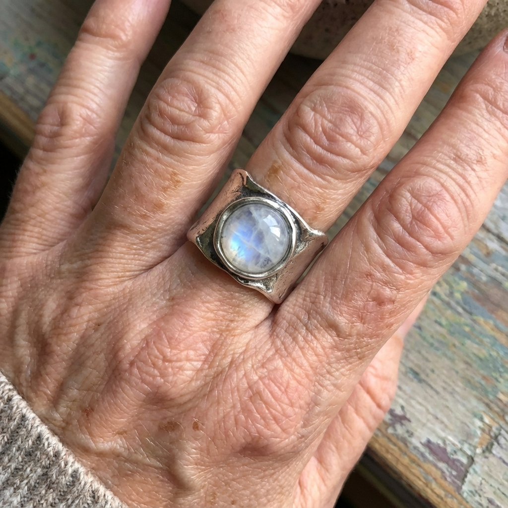 Moonstone Wide Artisan Silver-Tone Ring