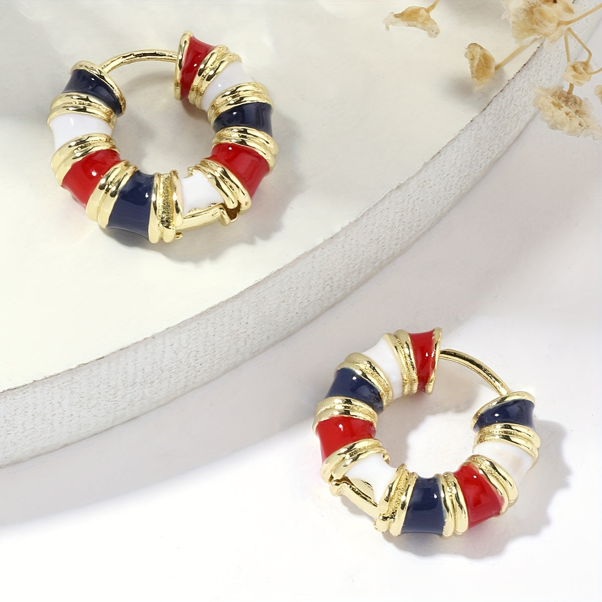 Vintage-Style Enamel Huggie Hoop Earrings with Gold-Tone Accents