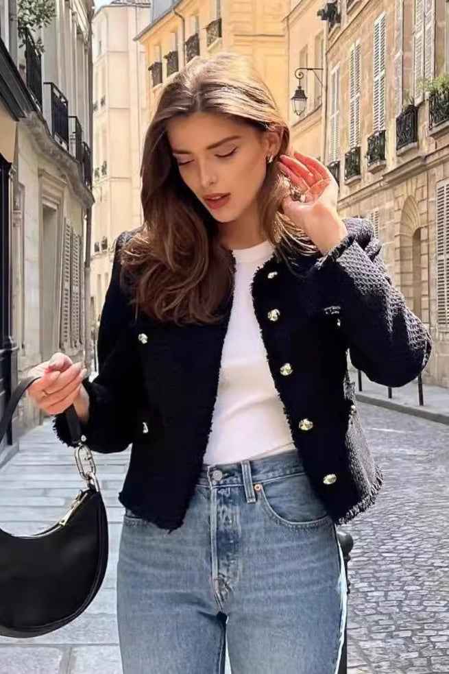 Slim Fit Tweed Style Short Coat with Contrast Trim Detail