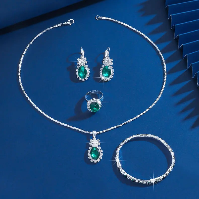 Green Stone Halo Necklace, Earrings and Ring Set in White Gold Tone