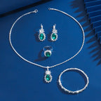 Green Stone Halo Necklace, Earrings and Ring Set in White Gold Tone