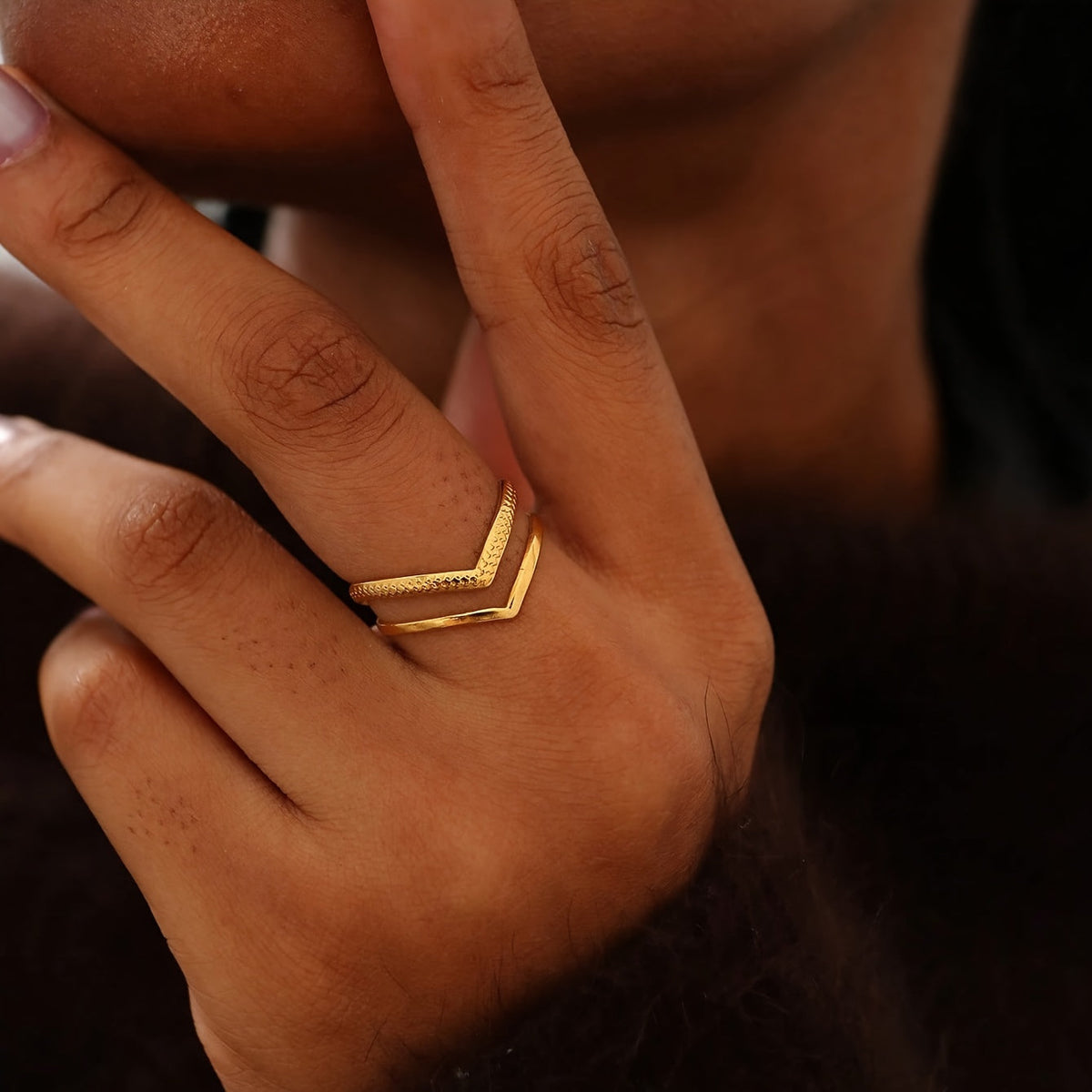 Adjustable Double-Layer V-Shaped Statement Ring