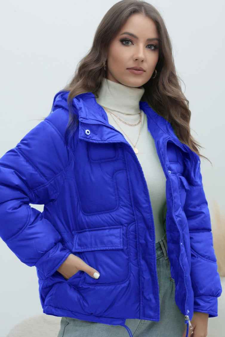 Quilted Hooded Jacket with High Collar and Drawstring Hem