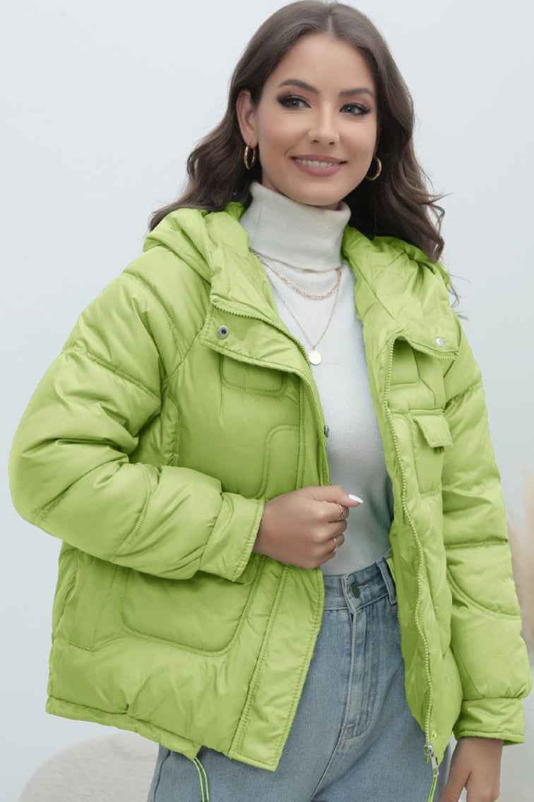 Quilted Hooded Jacket with High Collar and Drawstring Hem