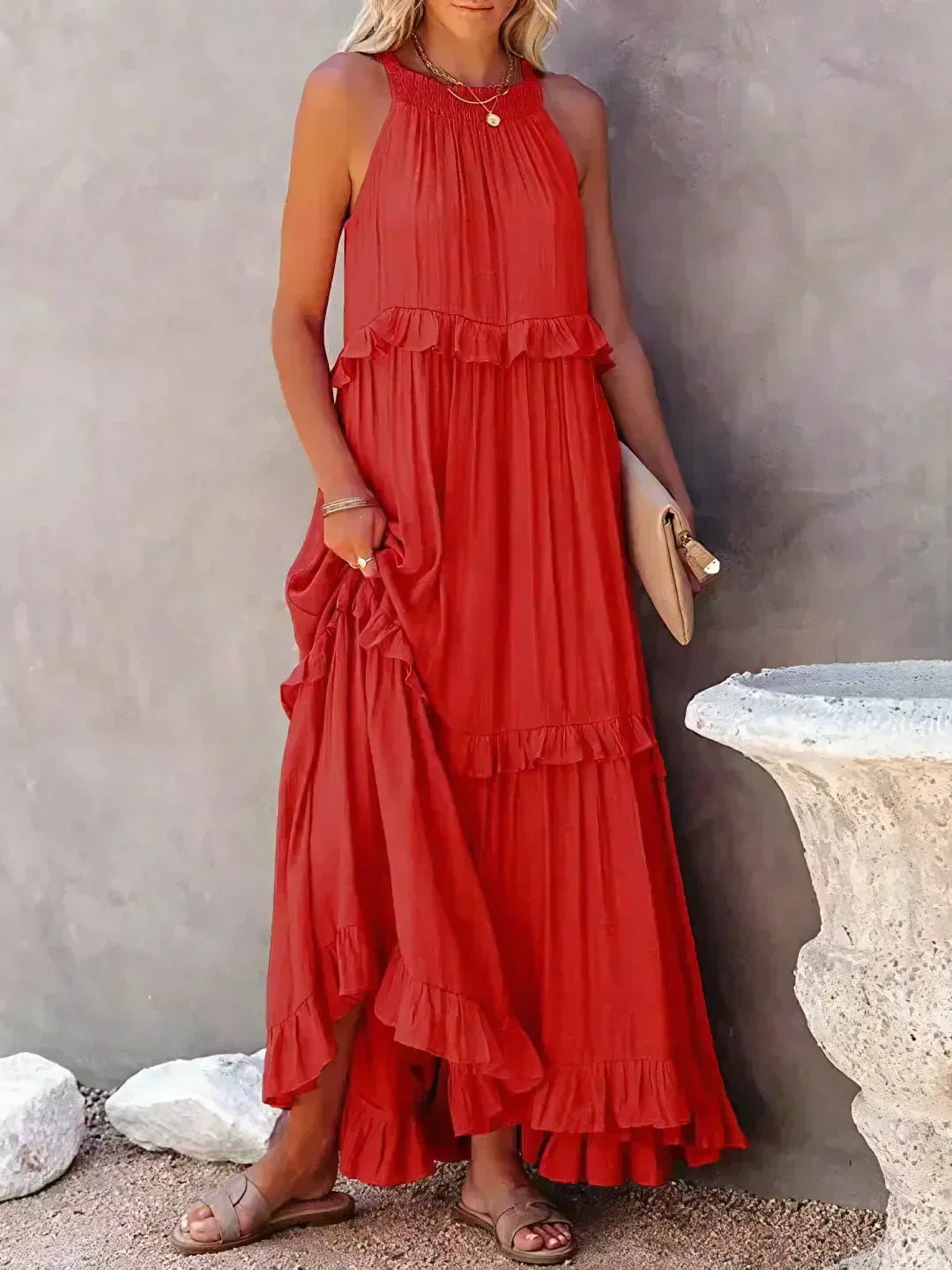 Sleeveless Halter Tiered Ruffle Maxi Dress