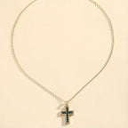 Emerald-Look Baguette Cross Necklace in Gold Tone