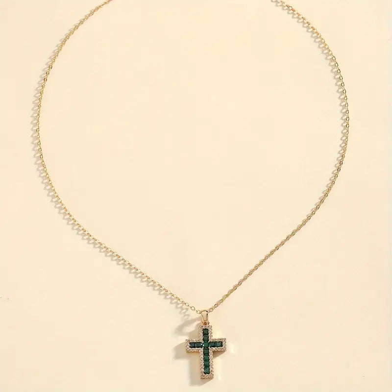 Emerald-Look Baguette Cross Necklace in Gold Tone