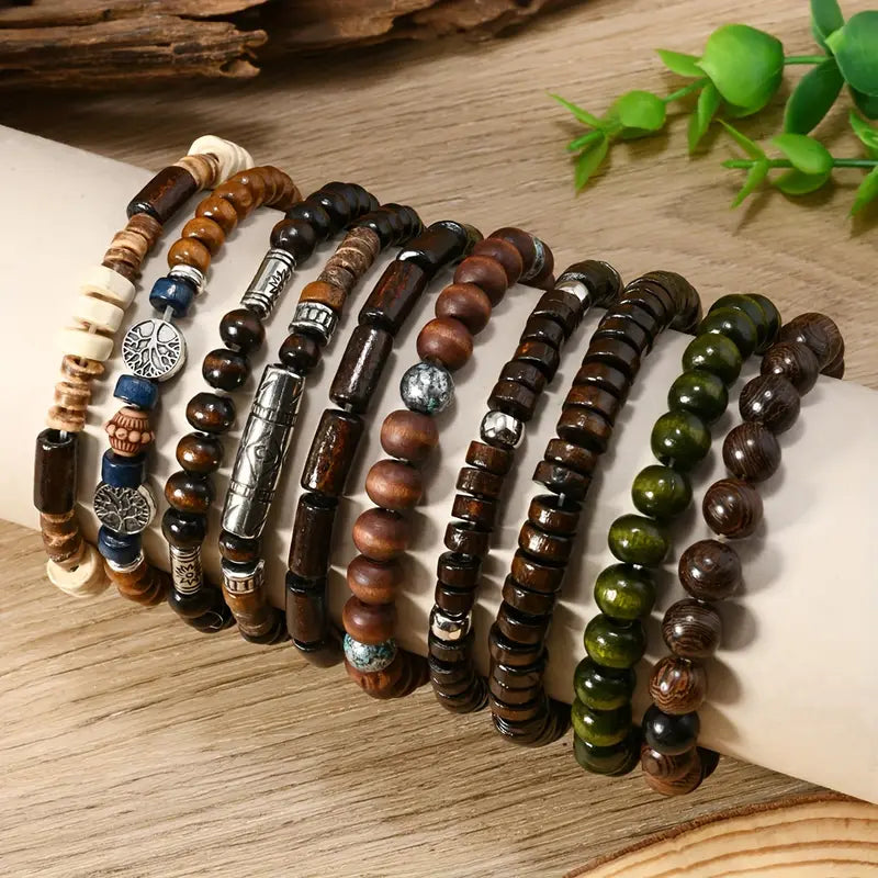 Wooden Bead Bracelet Set in Warm Earth Tones