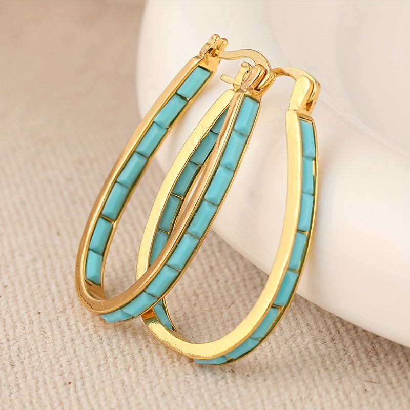 U-Shaped Synthetic Turquoise Oval Hoop Earrings