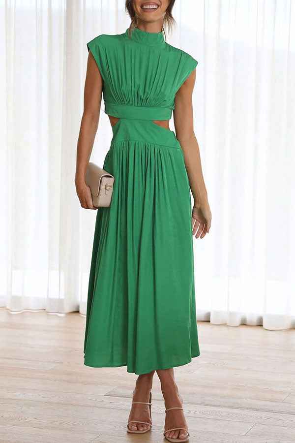 Midi Dress with Waist Cut Out and Practical Side Pockets