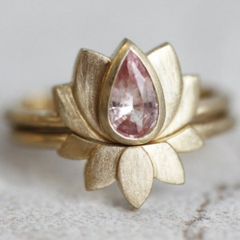 Vintage Pink Zirconia Lotus Flower Ring Set