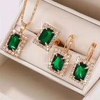 Green Stone Necklace, Earrings and Ring Set in White Gold Tone