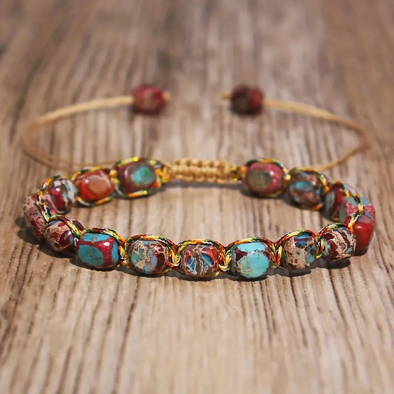 Pulseira de Contas de Jaspe Imperial em Tons Turquesa e Vermelho