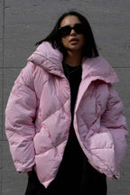 Diamond Quilted Coat with Oversized Lapels and Loose Fit