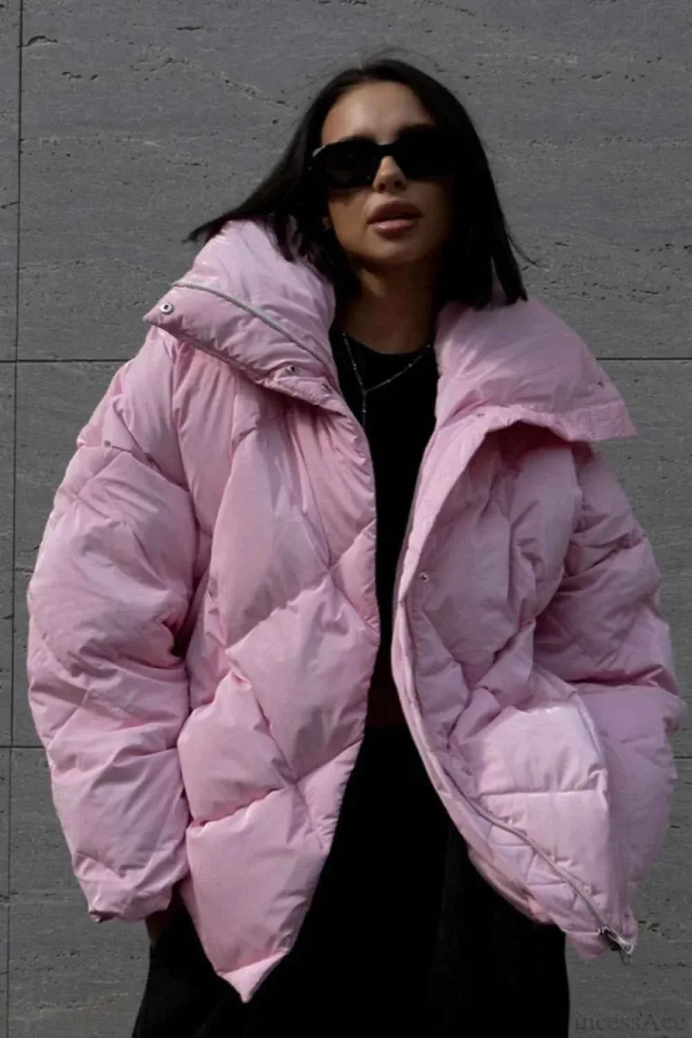 Diamond Quilted Coat with Oversized Lapels and Loose Fit