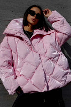 Diamond Quilted Coat with Oversized Lapels and Loose Fit