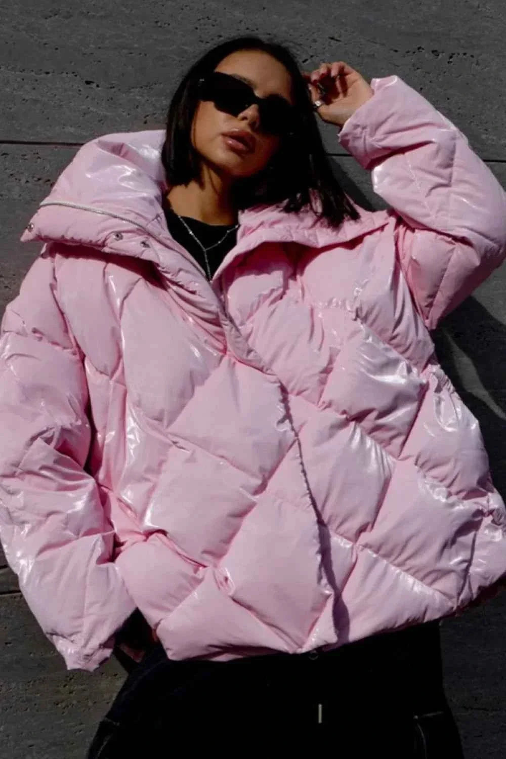 Diamond Quilted Coat with Oversized Lapels and Loose Fit