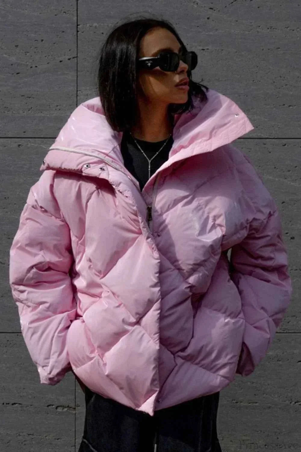 Diamond Quilted Coat with Oversized Lapels and Loose Fit