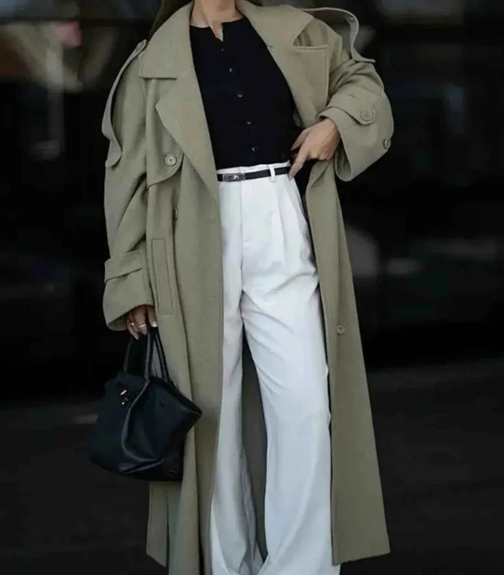 Brushed Double Breasted Coat with Belt and Turn-Down Collar