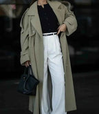 Brushed Double Breasted Coat with Belt and Turn-Down Collar
