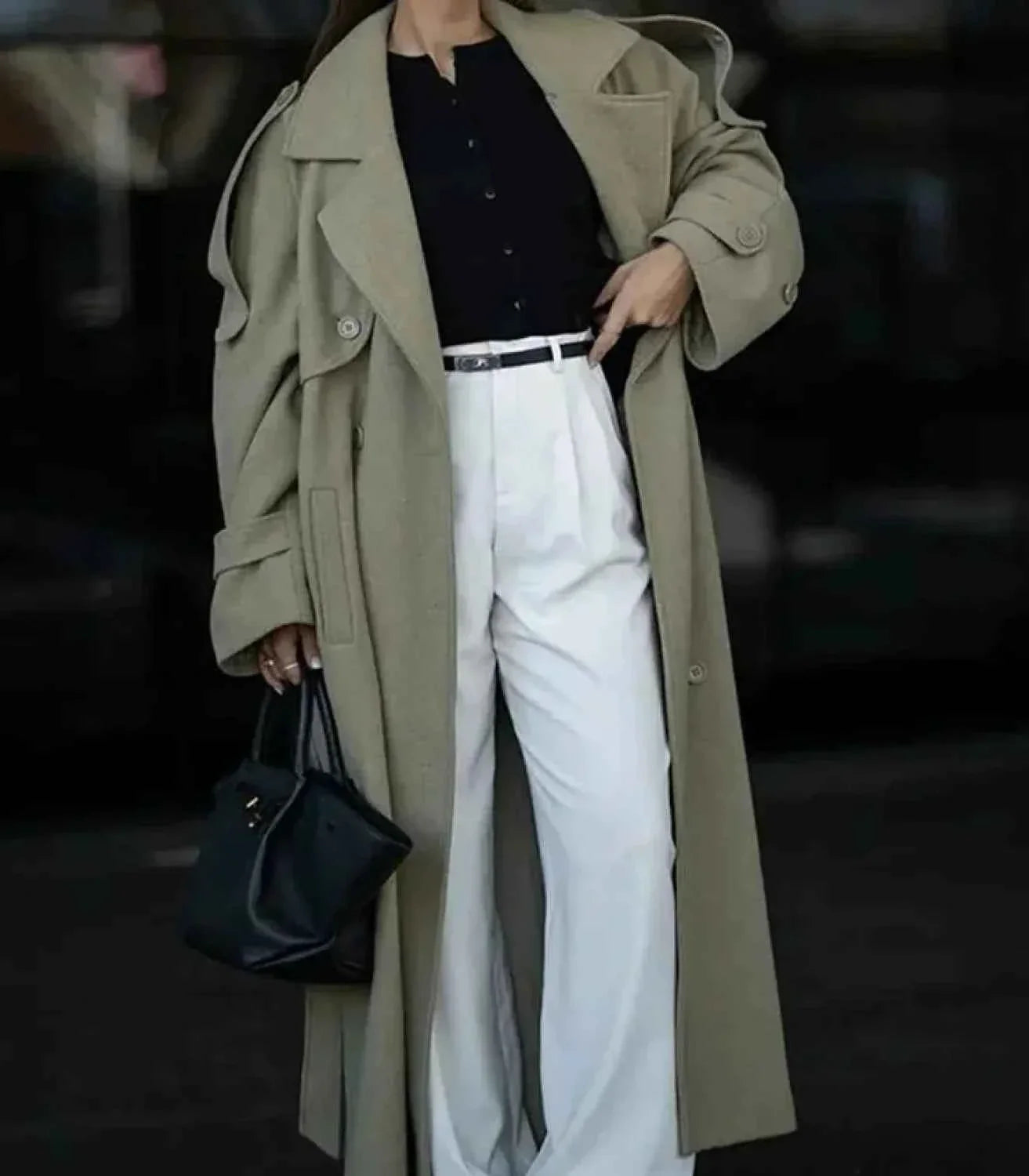 Brushed Double Breasted Coat with Belt and Turn-Down Collar