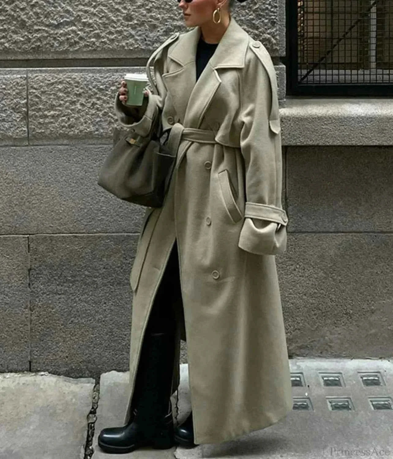Brushed Double Breasted Coat with Belt and Turn-Down Collar