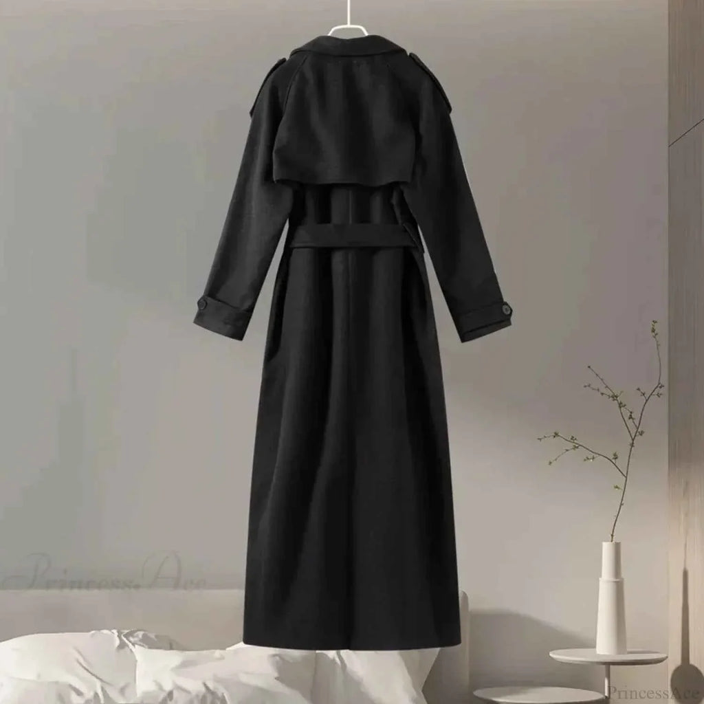 Brushed Double Breasted Coat with Belt and Turn-Down Collar