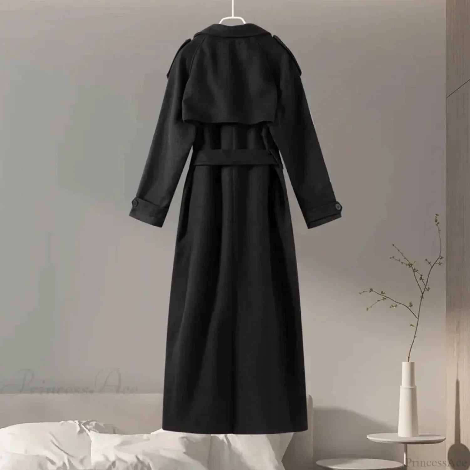 Brushed Double Breasted Coat with Belt and Turn-Down Collar