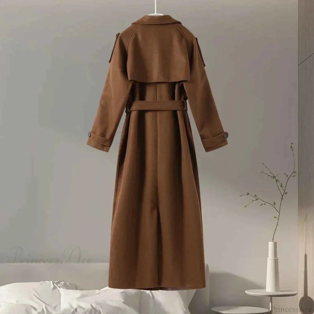 Brushed Double Breasted Coat with Belt and Turn-Down Collar