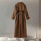 Brushed Double Breasted Coat with Belt and Turn-Down Collar