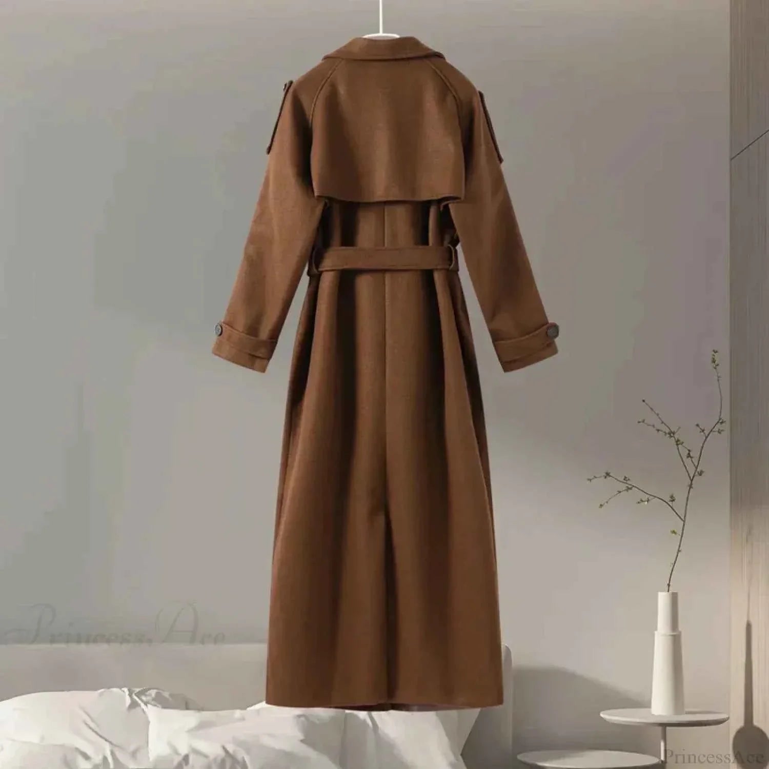 Brushed Double Breasted Coat with Belt and Turn-Down Collar