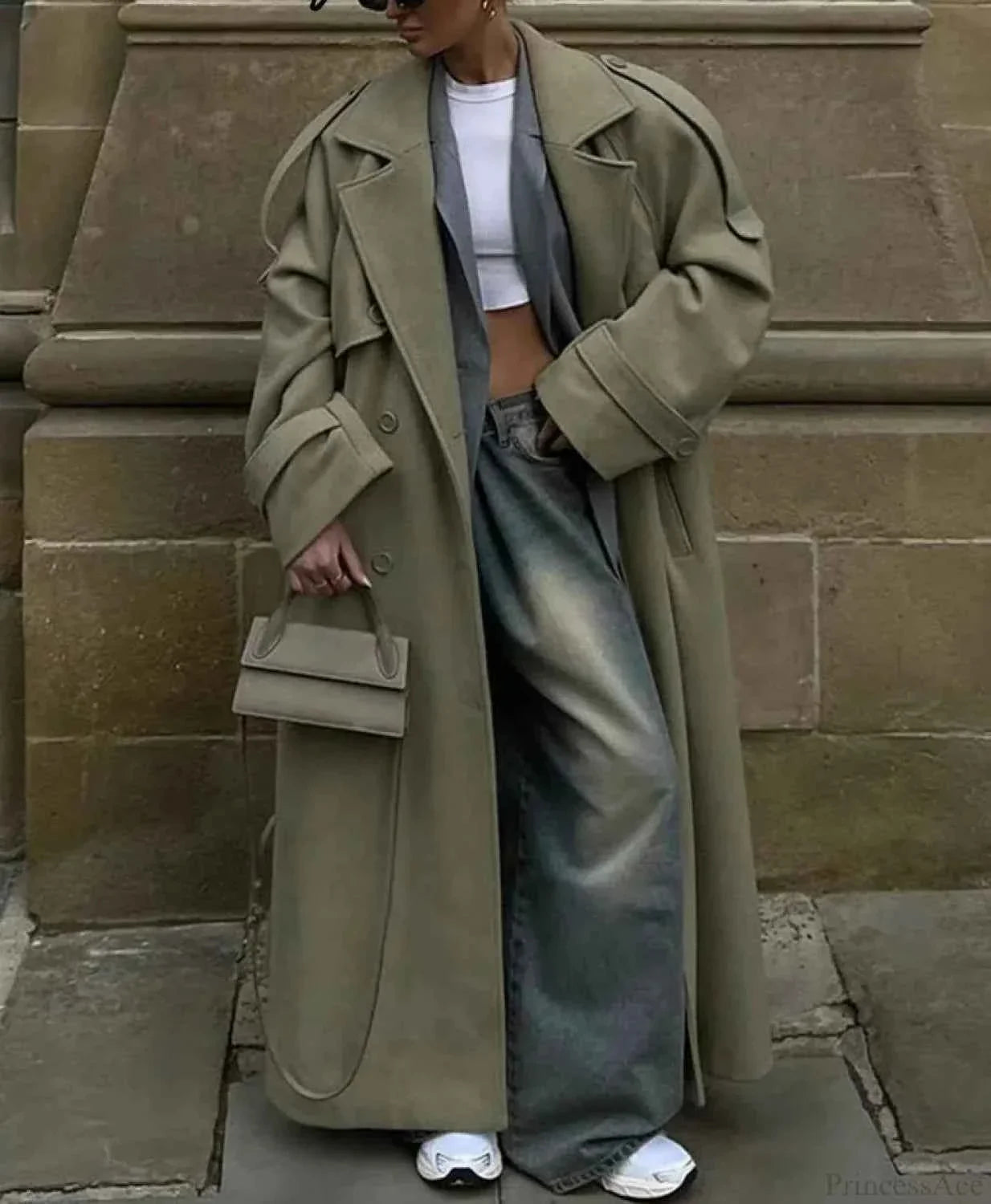 Brushed Double Breasted Coat with Belt and Turn-Down Collar