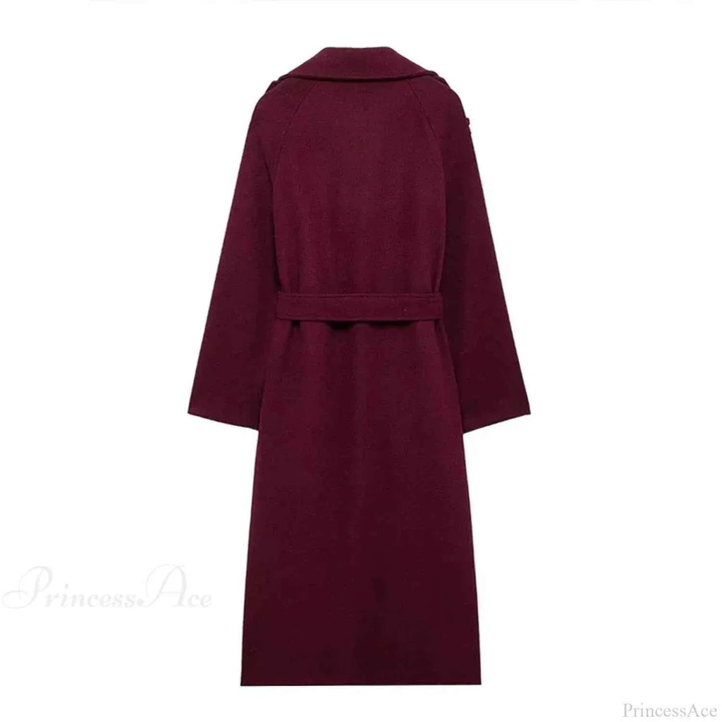 Brushed Double Breasted Coat with Belt and Turn-Down Collar