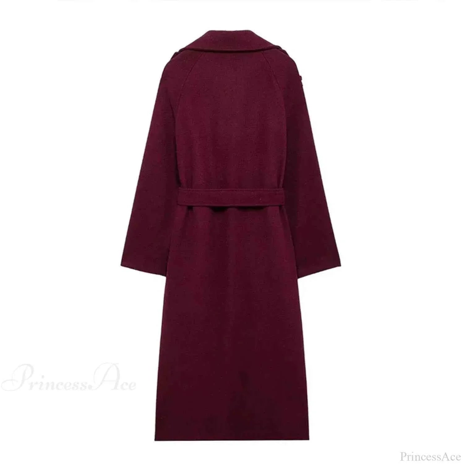 Brushed Double Breasted Coat with Belt and Turn-Down Collar