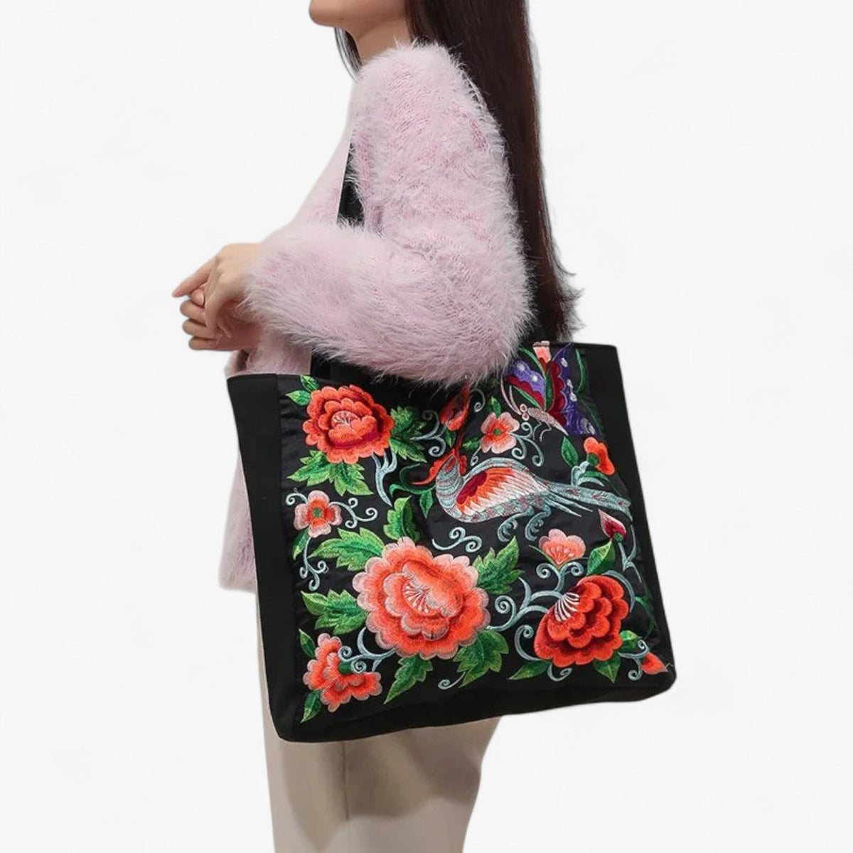 Floral Embroidered Artisan-Style Zip Shoulder Bag