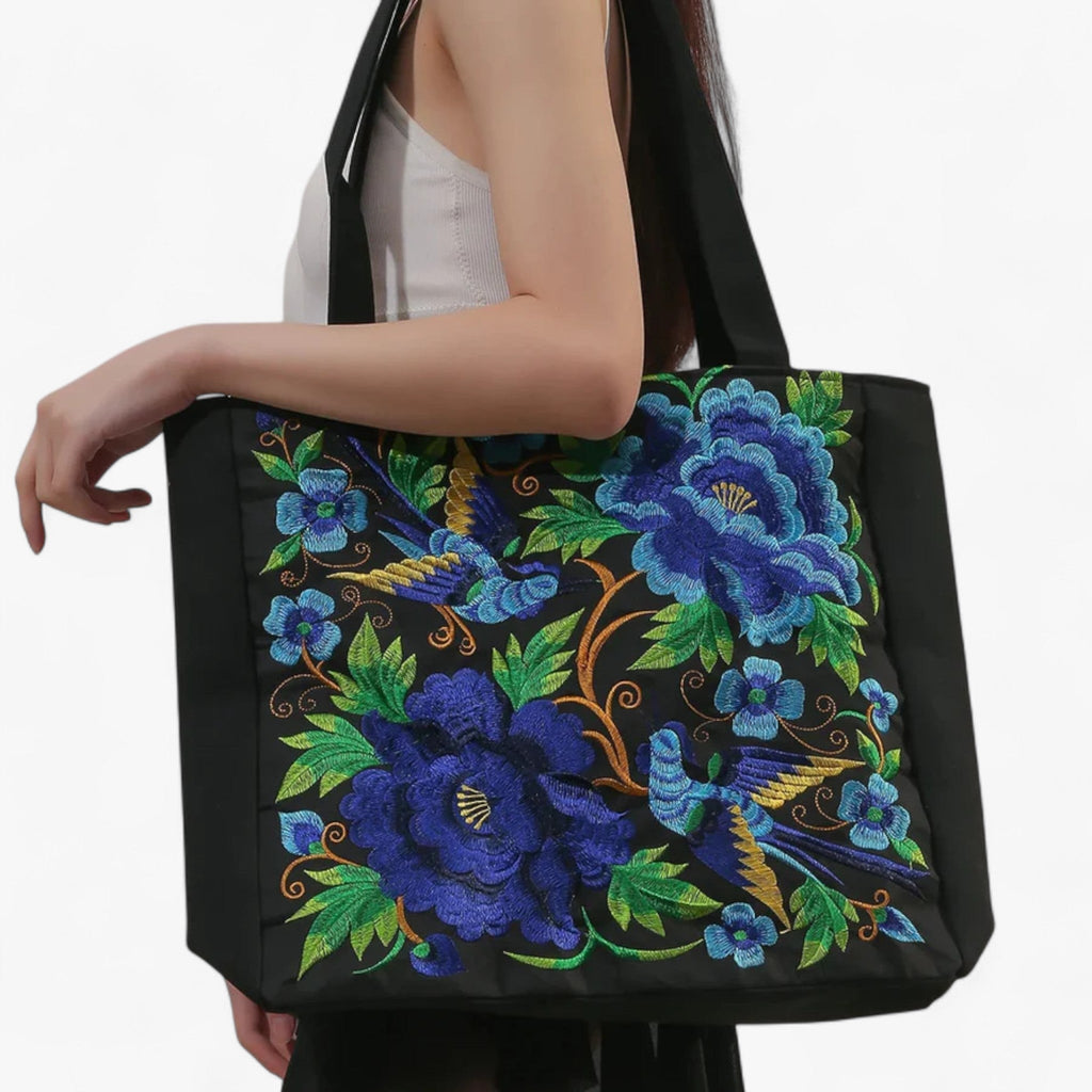 Floral Embroidered Artisan-Style Zip Shoulder Bag
