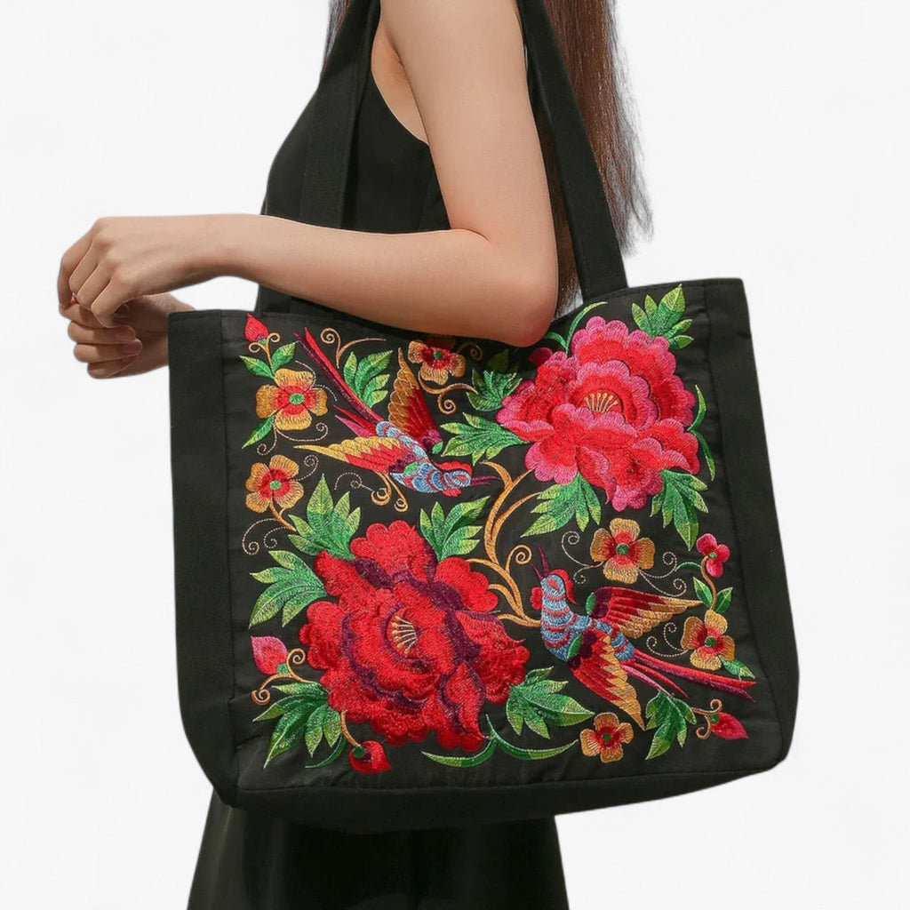 Floral Embroidered Artisan-Style Zip Shoulder Bag