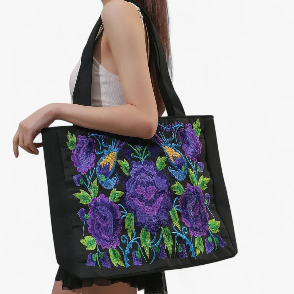 Floral Embroidered Artisan-Style Zip Shoulder Bag