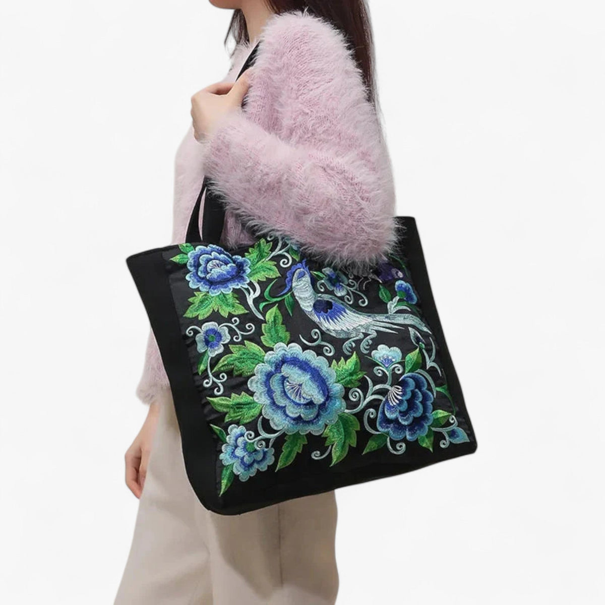 Floral Embroidered Artisan-Style Zip Shoulder Bag