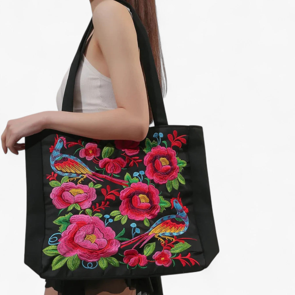Floral Embroidered Artisan-Style Zip Shoulder Bag